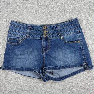 Y2K Blue Spice Jean Shorts Sz 9 Blue Dark Wash Button Fly High Rise Jorts